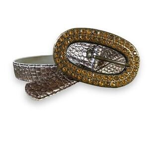 VNTG Bling Buckle Waist Belt Sz L Gold Metallic Croco Embossed Fit 38-42" Y2k